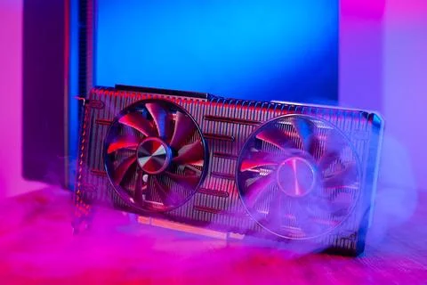 Powerful modern GPU Video Card with two fans with PC case on background in neon Stock Photos