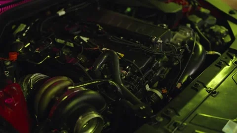 Powerful modified turbo car engine bay Stock Footage 343549312