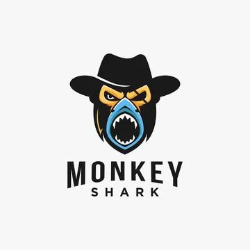 Powerful monkey with cowboy hat and shark logo icon vector template Stock Illustration