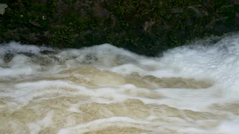Powerful mountain river with boiling muddy water and white foam near rocky Stock Footage 329770922