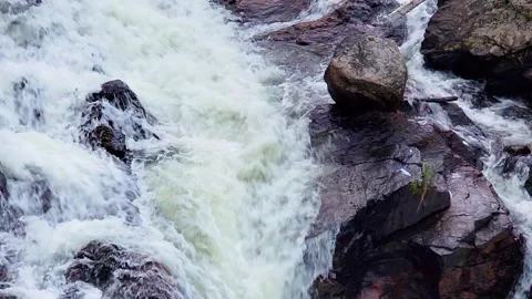 Powerful mountain waterfall cascades through a narrow rocky gorge surrounded by Vídeo Stock 334104677