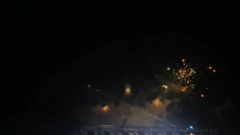 Powerful multi-colored fireworks over the concert stage Video stock 301317924