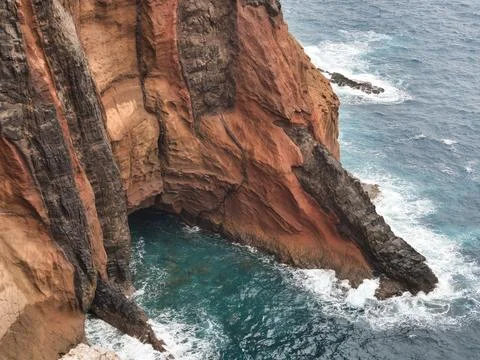 Powerful Multicolored Madeira Coastal Cliff - Stunning close-up of a massiv.. Stock Photos