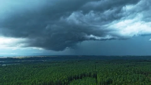 Powerful nature - storm clouds flowing in above woodland, aerial time lapse view Vídeo Stock 315484078