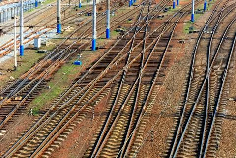 A powerful network of multi-channel railway tracks with a turn for the passag Stock Photos