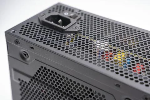 Powerful new black computer power supply on a white background. computer acce Foto stock