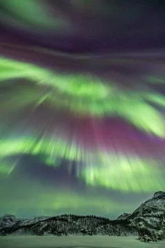 Powerful northern lights explode across the sky during an auroral substorm .. Stock Photos