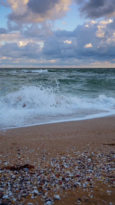 Powerful Ocean Wave Crashing on a Sandy Beach in Early Morning Stock Footage 313006725