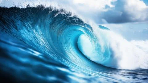 Powerful ocean wave cresting with dynamic energy and blue water spray Stock Photos