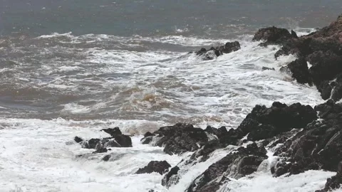 Powerful Ocean Waves Crashing Against Rocky Shoreline in Close Detail Stock Footage 341871006