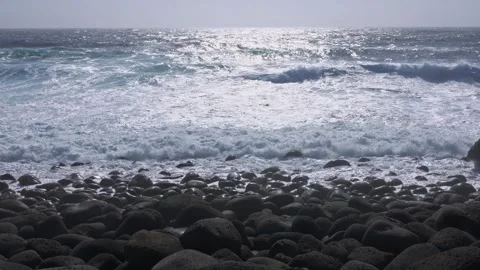 Powerful Ocean Waves Crashing on Black Rocky Beach Iceland Stock Footage 341295441