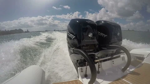 Powerful outboard engines on a RIB navigating Stock Footage 74181531