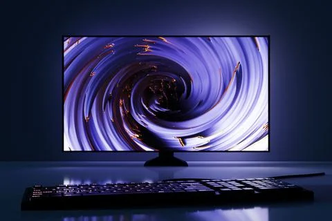 Powerful personal computer. Cozy desktop for gamer, monitor with rgb keyboard Stock Illustration