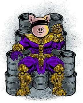 Powerful Pig Character Sitting on a Throne of Oil Barrels Ilustración de archivo