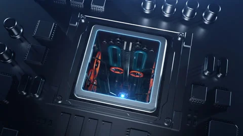 A powerful processor on a printed circuit board with an augmented reality eff 库存影片 239369413