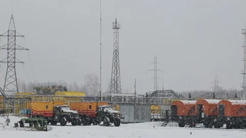 Powerful production area or facility with pipes and valves in Russia in Siberia. Video stock 199487530