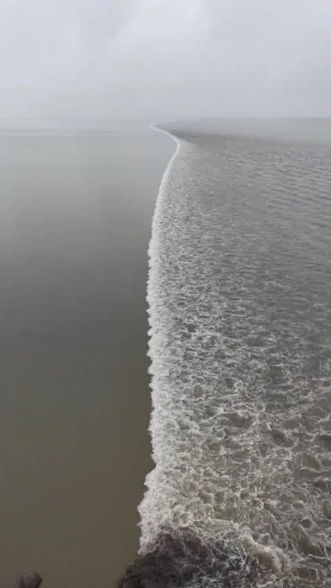 Powerful Qiantang River Tidal Bore Flows Across Hangzhou Bay Stockbeeldmateriaal 337380994