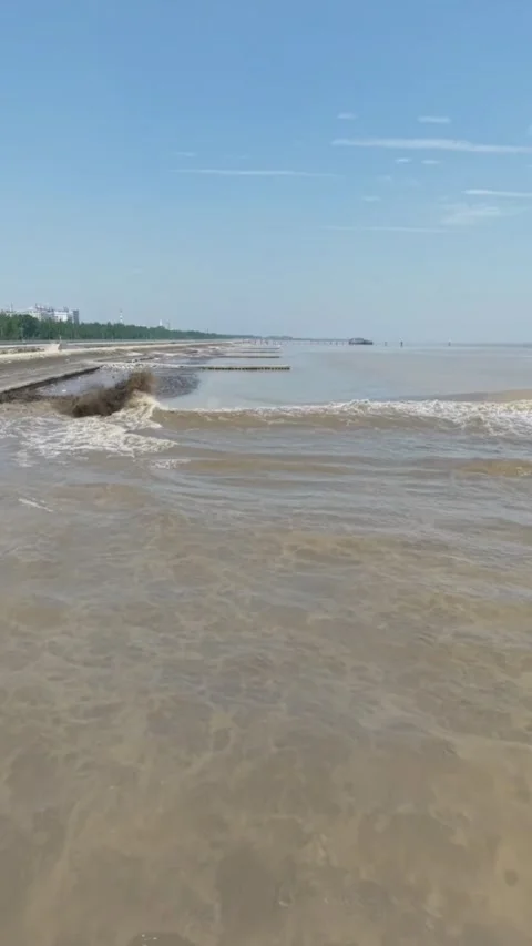 Powerful Qiantang River Tidal Bore Waves in Hangzhou, Zhejiang, China Stock Footage 337598415