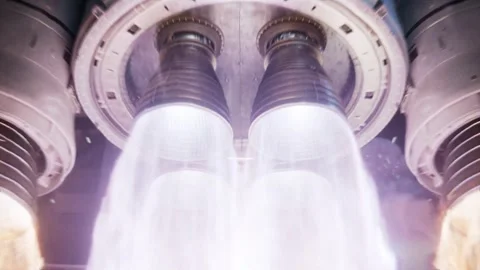 Powerful Rocket Engine Ignition and High-Temperature Exhaust Thrust 4K Stock-Footage 332158064