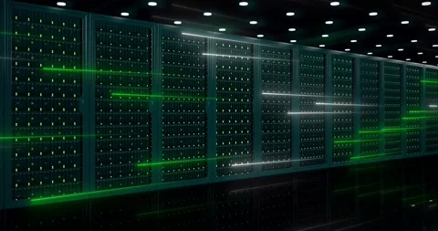 Powerful servers sit behind glass panels in a server room of a data center or Stock Footage 156493638