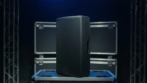 A powerful sound column against the background of boxes for concert equipment Stock Footage 194441448