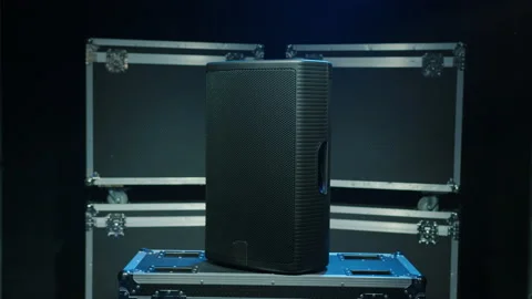 Powerful sound column on the background of boxes for concert equipment Stock Footage 194440561