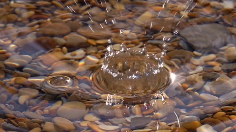 Powerful splash of walking dripping in shallow pure water with pebble bottom 스톡 동영상 98095718