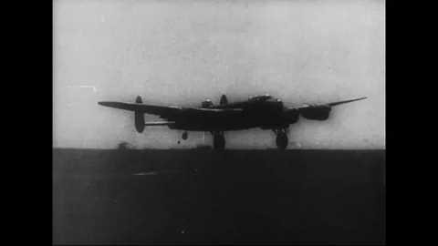 Powerful squadrons of 30-ton Lancasters fly in mid-air - 1942 Stock Footage 102181329