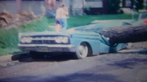 Powerful storm downs trees in residential neighborhood 1950s home movie 5558 Stock Footage 118866651