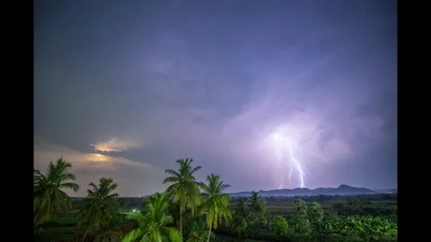 Powerful Storm Timelapse Over Mountains | Night Lightning Stock Footage 313188937