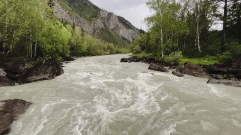 A powerful stream of a mountain river flowing under a bridge between rocks. Video stock 203970061