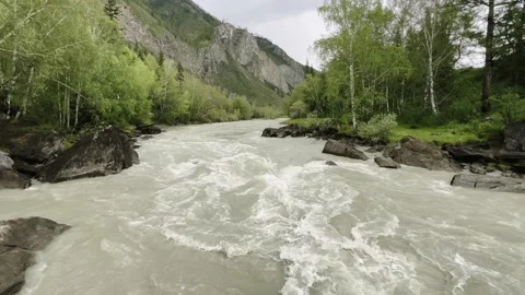 A powerful stream of a mountain river flowing under a bridge between rocks. Video stock 218422039