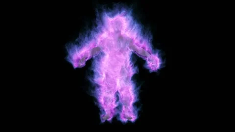 A powerful stream of pink flames bursts out of the silhouette of a man on a 動画素材 171001050