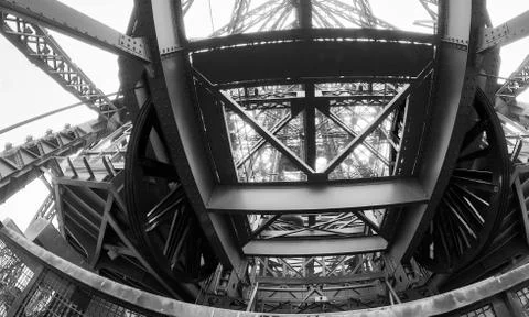 Powerful structure of Eiffel Tower, wide angle view 库存照片