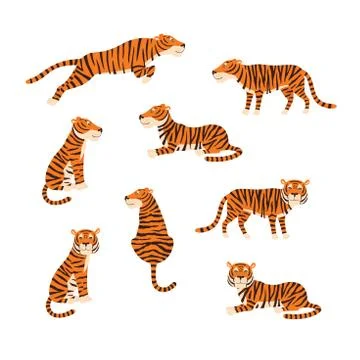 Powerful tiger in different actions set of cartoon vector Illustrations Stock Illustration