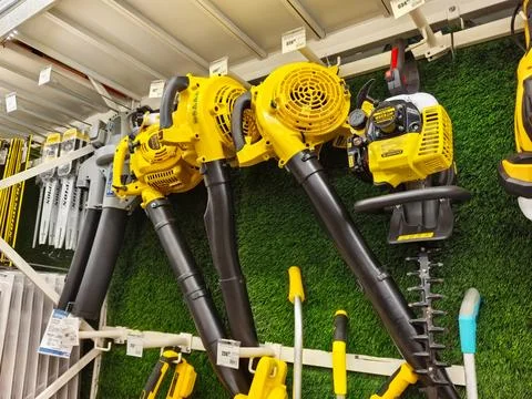 Powerful tools for outdoor maintenance at local hardware store Stock Photos