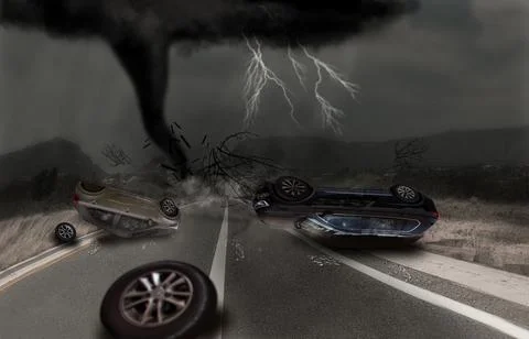 Powerful tornado with dramatic lightning storm. Two cars crashed Foto stock