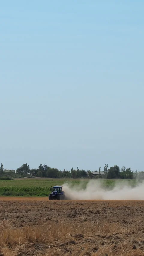 Powerful tractor working in agricultural field, cultivating and plowing dry soil Stock Footage 313681086