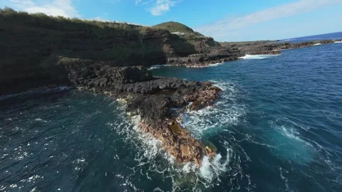 Powerful turquoise waves pounding volcanic coastline of La Palma, creating white 스톡 동영상 308587062