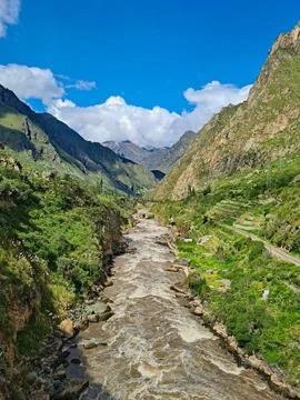 Powerful Urubamba River flowing through a green canyon, Peru Stock Photos