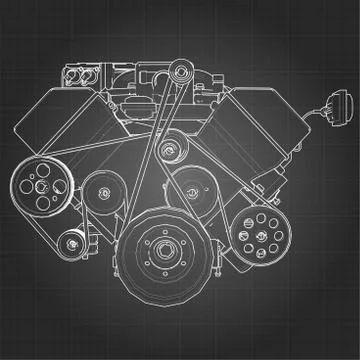 Powerful V8 car engine. The engine is drawn with white lines on a black sheet Illustrazione stock
