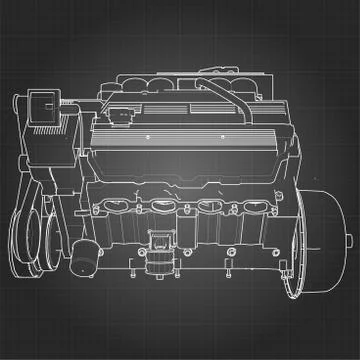 Powerful V8 car engine. The engine is drawn with white lines on a black sheet Illustrazione stock