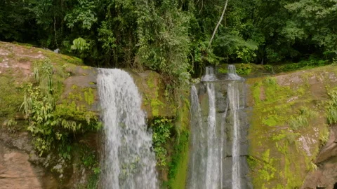 Powerful Water Dropping Into Concealed Basin Amid Greenery. Drone Captures 库存影片 336032791