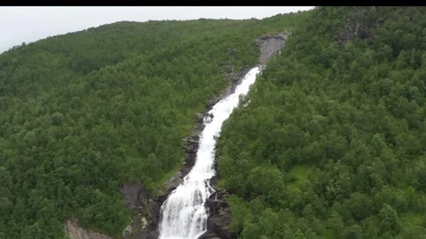 A powerful waterfall cascades down a steep, densely forested mountainside Stock Footage 322954453