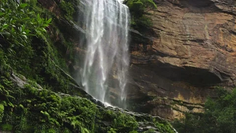 A powerful waterfall cascades over rugged cliffs, surrounded by vibrant green Stock Footage 306124573