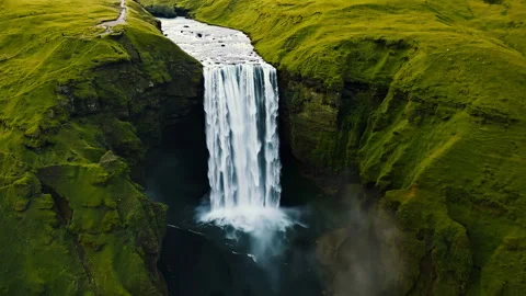 Powerful waterfall cascading down a lush, green cliffside. Stock Footage 297368596
