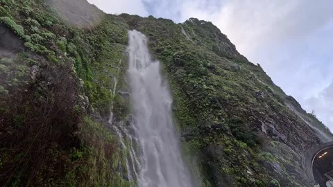 Powerful Waterfall Cascading Down Lush Hillside in Madeira Portugal Video stock 339775718