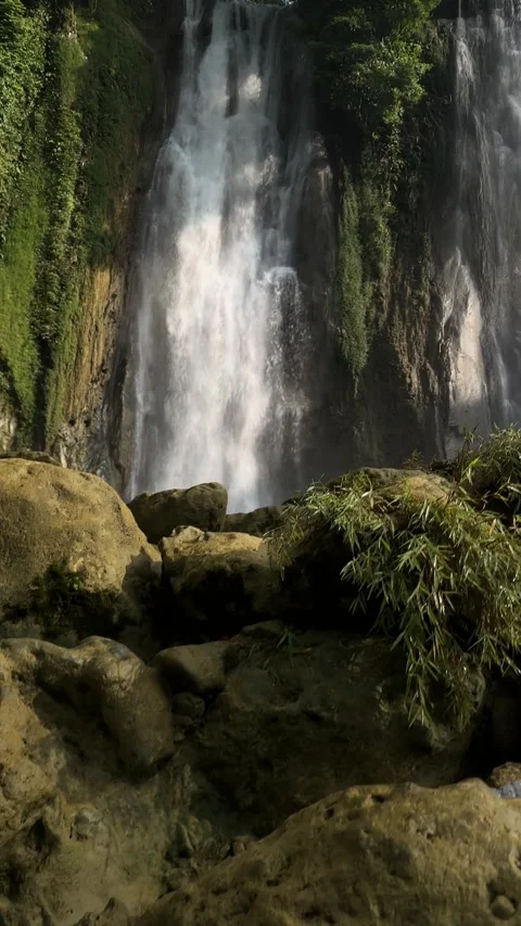 Powerful Waterfall Cascading Down Rocky Cliff, Lush Jungle, Low Angle Vertical Stock Footage 324770032