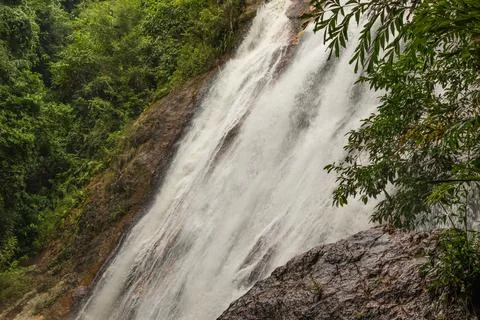 A powerful waterfall cascading down a steep, rocky cliff surrounded by lush, Stock Photos