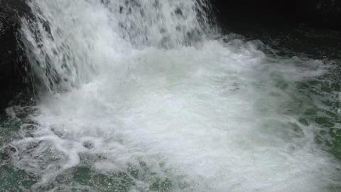 Powerful Waterfall Cascading Into Foamy Green Pool Close Up View. Stock Footage 338369196